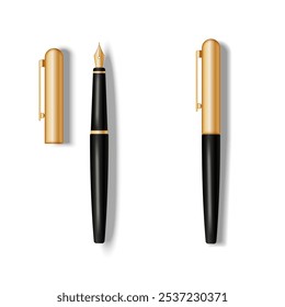 Elegant black and gold fountain pen in closed and open positions isolated on white realistic vector illustration. Classic retro writing tools, premium stationery.