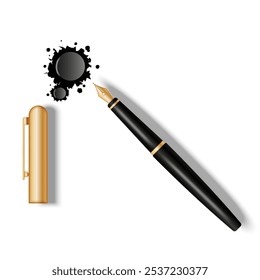 Elegant black and gold fountain pen with ink blot splatters realistic 3d vector illustration isolated on white. A symbol of timeless inspiration, breathes life into words and ideas.