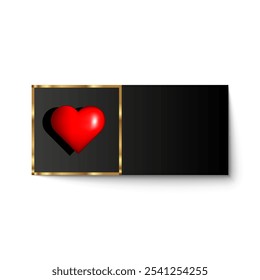 Elegant black and gold frame blank gift card with 3d red heart symbol for romantic, love, passion or marketing promotion. For black friday sale coupon, invitations for Valentine's Day visuals.