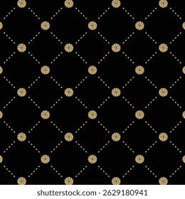 Elegant Black and Gold Geometric Pattern with Small Floral Motifs. Vector Illustration