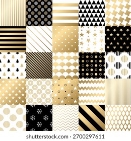 Elegant black and gold geometric pattern collection with festive stripes, dots, and star shapes for luxury holiday design backgrounds Vector Illustration
