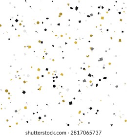 Elegant black, gold, and gray geometric shapes are scattered across a pristine surface, creating a joyful, sophisticated celebration overlay.