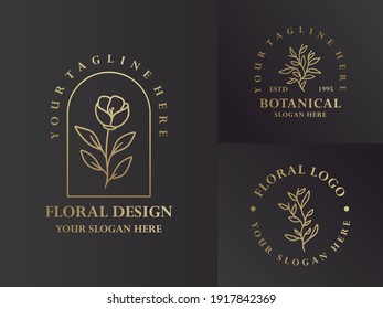 Elegant Black and Gold Hand Drawn Floral Botanical Logo Illustration Design Set For Beauty, Natural, Organic Brand