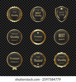Elegant black and gold label set with luxury design. Ideal for best quality tags, award emblems and certified seals for top rated products. Premium vector badges for branding and packaging.
