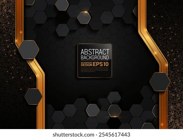 Elegant black gold lines and dots on hexagon shaped background with light and shadow effects, luxury abstract banner template for product ads, vector illustration, Not AI-Generated.