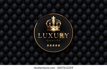 Elegant black and gold luxury emblem with a royal crown and five stars on a quilted leather background. Perfect for premium branding, VIP services, and high-end product labels