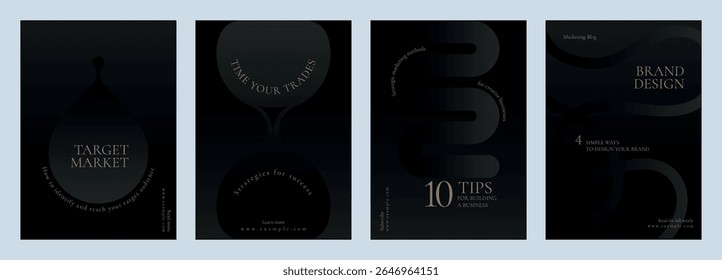 Elegant black and gold marketing templates. Sleek design for brand, market, and trades. Perfect for marketing, branding, and design projects. Black business vector template set.