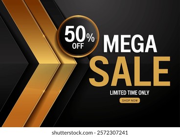 Elegant black and gold mega sale 50 percent off banner design for department store and brand promotion. Luxury poster business ads and product sales. Vector art, not AI-generated.