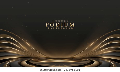 Elegant black and gold podium background with flowing lines and sparkling elements, perfect for luxury presentations and events. Vector Illustration.