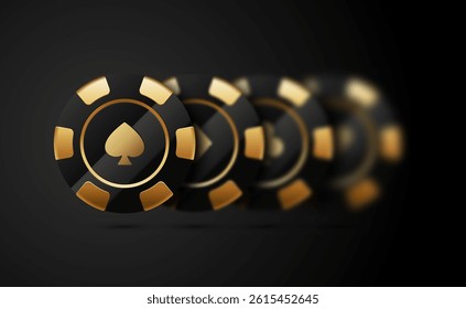 Elegant black and gold poker chips with spade icon on dark background. Perfect for casino, poker games, gambling ads, and VIP entertainment themes