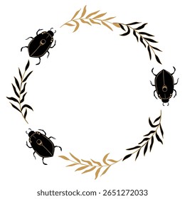 Elegant black and gold round frame with Egyptian scarab beetle and olive branch. Decorative vector illustration for mystical ancient Egypt design.