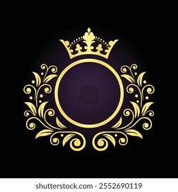 Elegante diseño de emblema real negro y dorado con corona ornamentada y marco decorativo floral  
