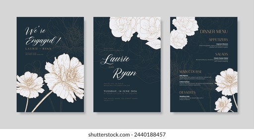 Elegant black and gold wedding invitation template with engraved flower