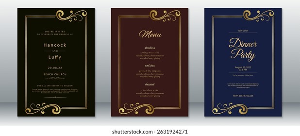 Elegant Black and Gold Wedding Invitation Card Set with Ornate Border