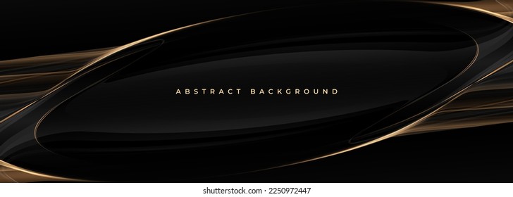 Elegant black and gold wide luxury abstract background with golden lines and ribbons. Vector illustration