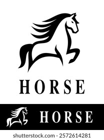 Elegant black horse logo design with a dynamic silhouette, emphasizing strength, freedom, and grace