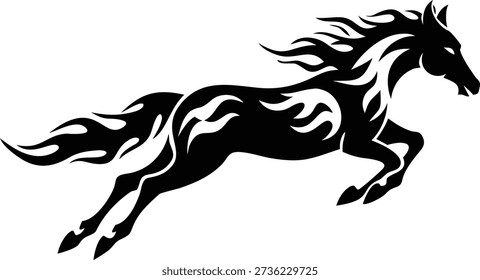Elegant black horse rendering with distinctive flame-like patterns, showcasing powerful movement and grace.