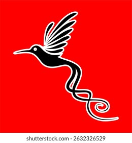 Elegant Black Hummingbird Silhouette with Swirl Tail on Red Background
