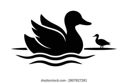 Elegant black icon of cute duck swimming in water with small duckling near. Vector illustration for nature wildlife theme.