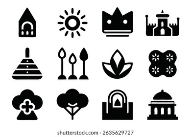 Elegant black icon set depicting various symbols such as buildings nature and decorative elements