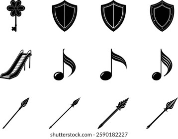 Elegant Black Icon Set Keys, Shields, Music Notes, Slides, Spears