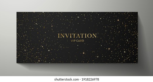 Elegant black Invitation design template with gold twinkle stars pattern on background. Premium vector design for Gift certificate, Voucher, Gift card