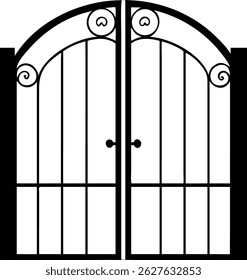 Elegant, black iron gate with a decorative arched top. The gate shows detailed scrollwork and a traditional style, presenting both security and ornate architectural detail.