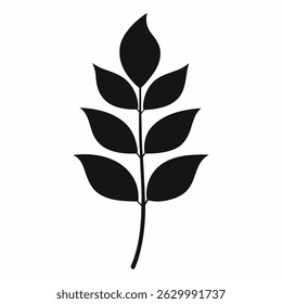 Elegant black leaf branch silhouette on white. Minimalist nature design element. Perfect for botanical themes and clean graphic projects.