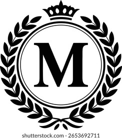 Elegant black letter m monogram with laurel wreath and crown on white background
