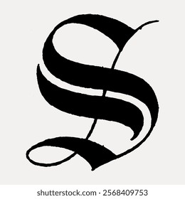 Elegant black letter 'S' in calligraphy style. The letter 'S' features bold, sweeping curves. Calligraphy 'S' is prominent, showcasing artistic flair. Vintage art drawing, isolated vector element.