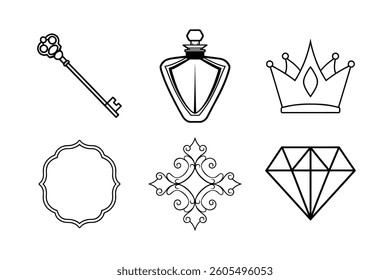 Elegant Black Line Art Collection of Key, Crown, Perfume Bottle, Diamond, Frame