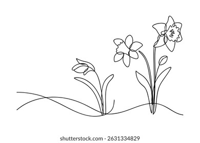 Elegant black line art depicting spring daffodil flowers in a minimalist composition