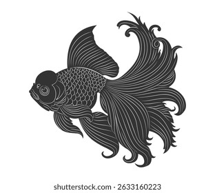 Elegant Black Line Art Goldfish Vector Illustration – Fancy Tail Betta Style