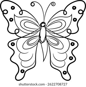 Elegant black line art illustration of a butterfly with ornate wings and decorative swirls. Perfect for coloring pages, prints, or design elements.