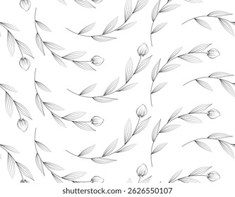 Elegante linha preta ramos florais com botões e folhas dispostas em um padrão sem costura, estilo desenhado à mão sobre fundo branco. Conceito de beleza natural. Ilustração vetorial
