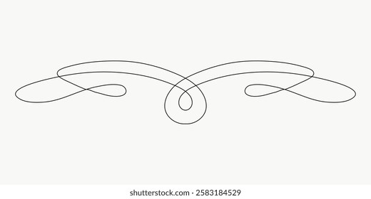 Elegant black line flourish design on a white background. Decorative flourish with loops and curves. Perfect for invitations and stationery embellishments. Minimal vector illustration.