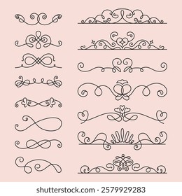 Elegant black line flourishes on a soft pink background. Flourishes include swirls, curls, and heart motifs. Perfect for invitations and decorative designs. Hand drawn ornament vector set.