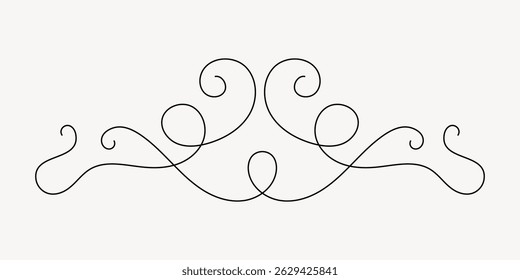 Elegant black line swirl design with symmetrical curls and loops. Decorative flourish with swirls and curls, perfect for invitations or headers. Decorative flourish vector.
