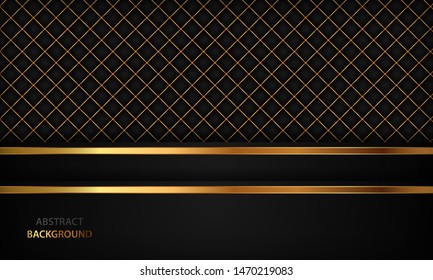 Elegant black luxury background. Black leather textured with gold metal details. Modern vector design template.