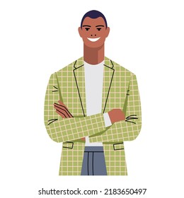 An elegant black man in a suit stands with folded arms. Confident businessman isolated on white background. Portrait of smiling leader, office worker. Flat style. Vector illustration.