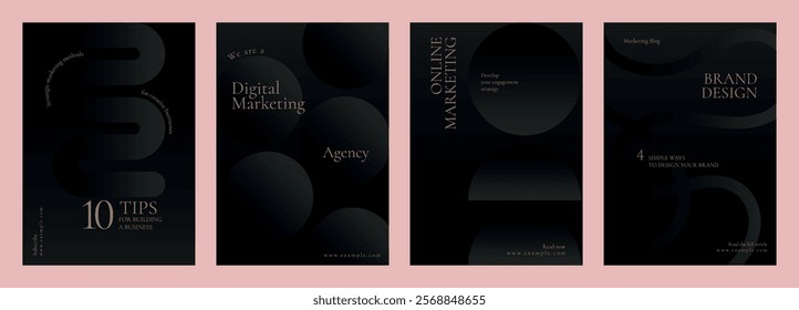 Elegant black marketing templates with digital marketing, agency, and brand design themes. Sleek design for marketing, digital marketing, and brand promotion. Black business vector template set.