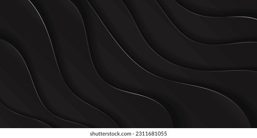 Elegant Black Monochromatic 3D Paper cut waves background template. 3d paper cutout curves. Shiny luxurious black template backdrop. Vector Illustration. EPS 10