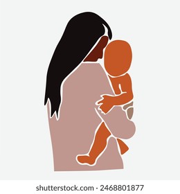 Elegant black mother carrying daughter in line art style vector