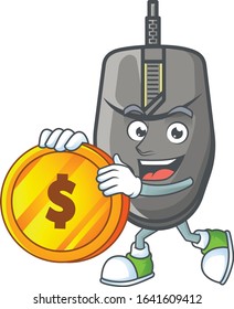 an elegant black mouse mascot cartoon design with gold coin