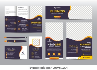 Elegant Black and Orange Business Stationery Template set for Company Brand. Trifold brochure, Web banner, Roll up banner, Flyer, Business Card, Name Card, Id. Corporate printable layout with CMYK