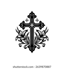 Elegant Black Ornamental Cross with Floral Lily Elements - Christian Tattoo Art	.