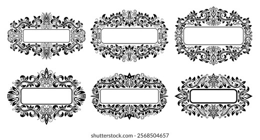 Elegant black ornamental frames with intricate floral patterns. Ideal for vintage designs, invitations, and decorative labels. Vector illustration on a transparent background.