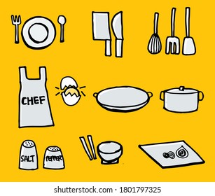 Elegant black outline vector set of sophisticated kitchen tools, showcasing a collection of refined culinary utensils. Ideal for upscale kitchenware concepts and gourmet-themed visual projects.