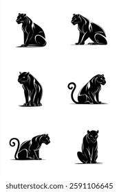 Elegant black panther logo set featuring six stylized minimalist illustrations in various poses with bold monochrome design for branding and identity 