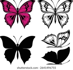 Elegant Black and Pink Butterfly Vector Set, Silhouette and Line Art Insect Illustrations for Nature, Tattoo, and Spring Designs